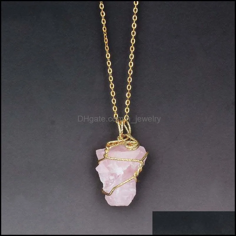 irregular natural stone necklaces gold chain wire wrapped punk necklace women jewelry rose quartz healing crystals pendant hjewelry