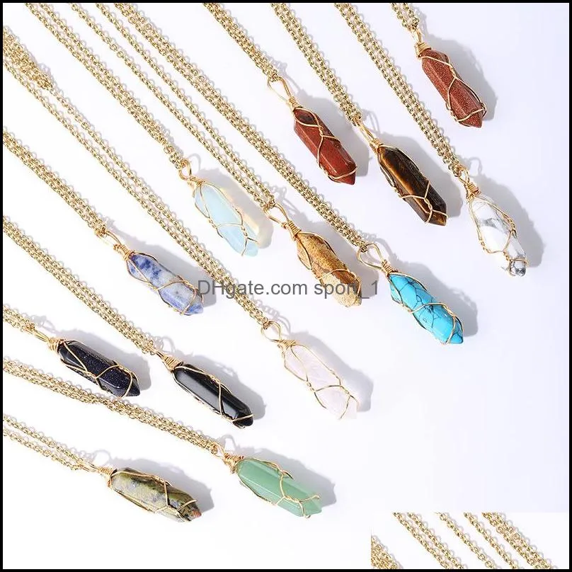wired wrap bullet pendant necklace natural stone opal turquoises quartz healing reiki crystal pendulum necklace for women jewelry