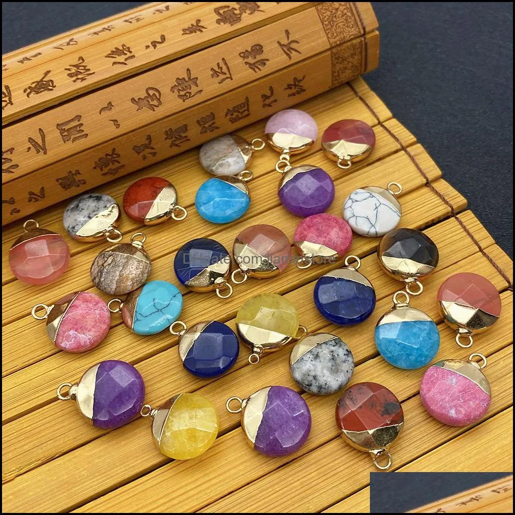 15x19mm gold edge natural crystal round flat stone charms rose quartz turquoise pendants trendy for jewelry making jiaminstore