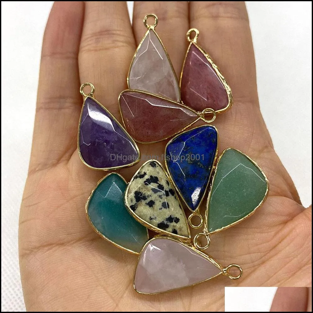 14x27mm triangle natural crystal stone charms green blue rose quartz pendants gold bunding edge trendy for necklace jewelry ffshop2001