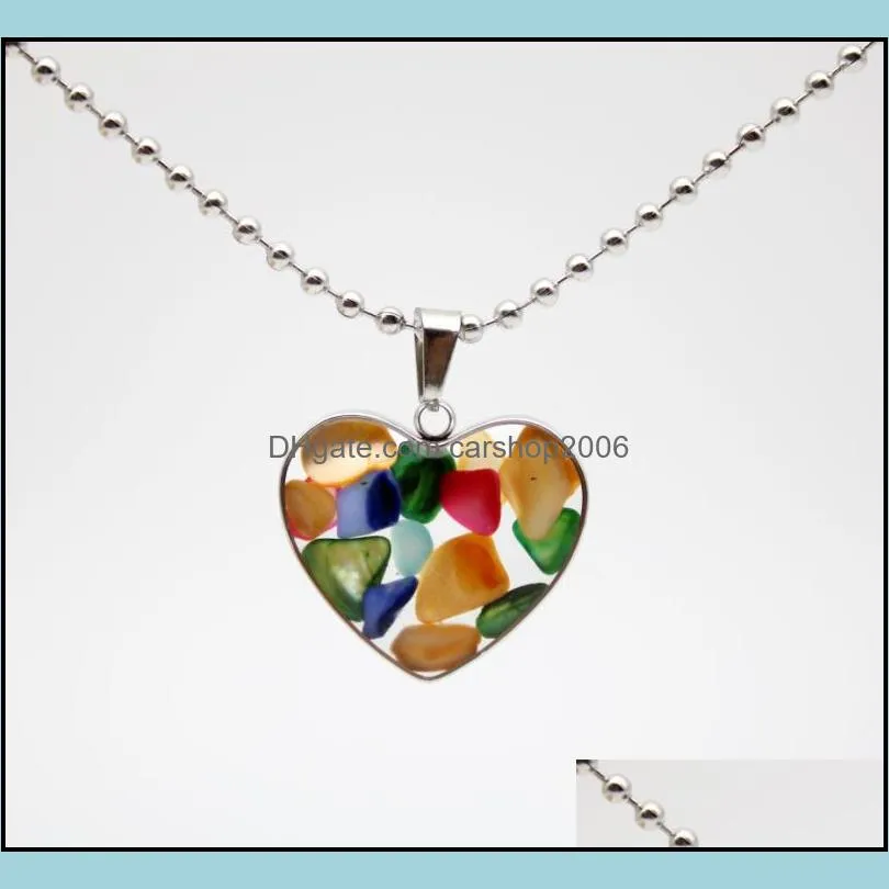 stainless steel chain gravel stone heart glass pendant pink quartz crystal agates turquoises malachite stone necklace