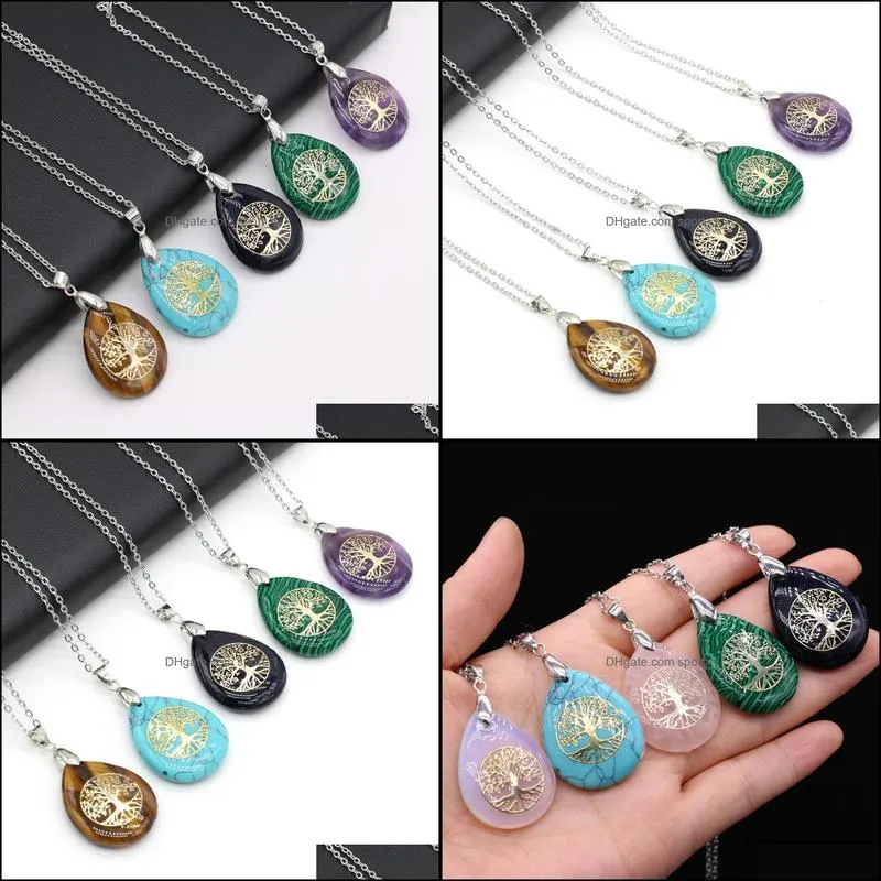 natural stone tree of life necklacewhite purple pink crystal water drop shape metal alloy pendant seven chakra reiki for diy jewelry