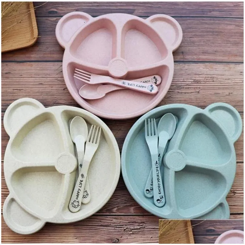 Cups Dishes Utensils Cartoon Baby Kids Tableware Set Wheat St Dinnerware Feeding Food Plate Bowl With Spoon Fork Ecofriendly 824 Dhelb