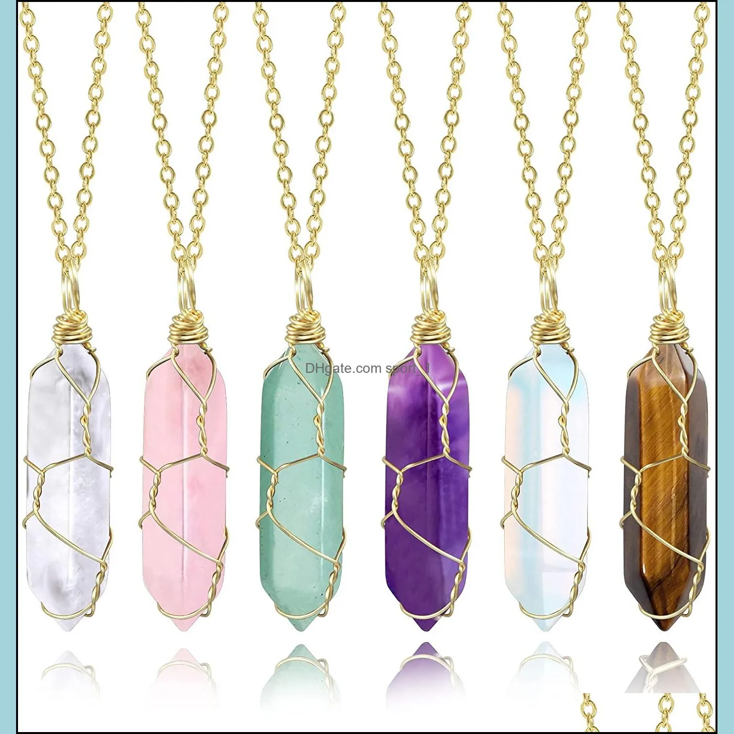 reiki healing natural stone pendant necklace wire wrap hexagonal amethyst pink quartz crystal pendulum chakra necklace