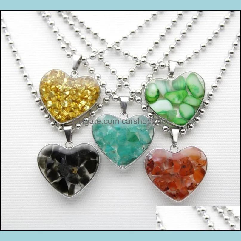 stainless steel chain gravel stone heart glass pendant pink quartz crystal agates turquoises malachite stone necklace