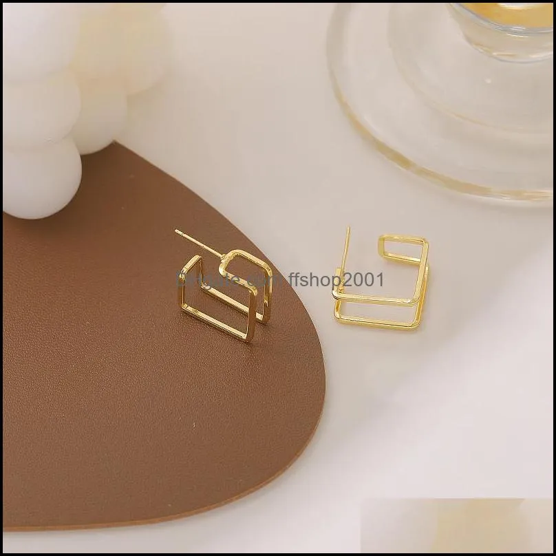 cool wind design gold hollow square frame charms needle stud earrings korean personality geometric small earring for women anniversary