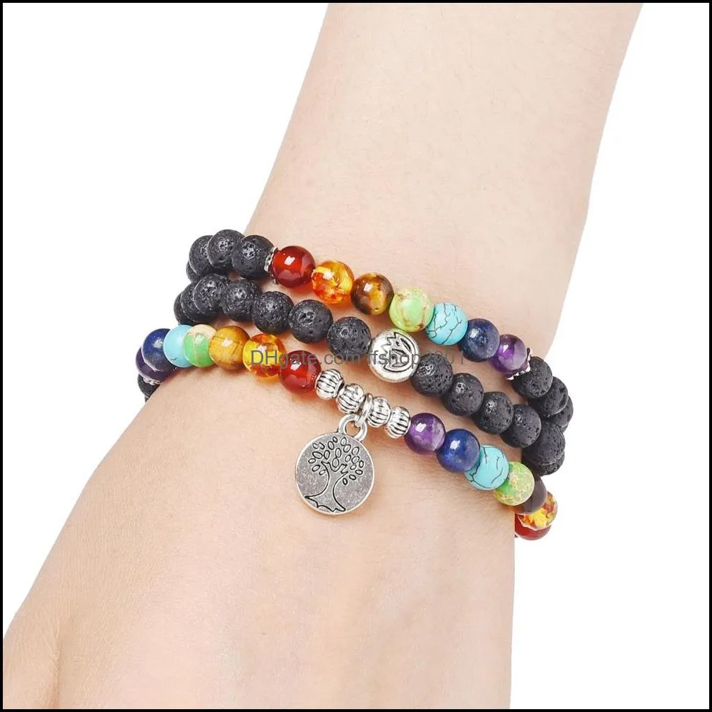 6mm seven chakra tree buddha lotus black lava stone beads bracelet women men bangle beaded wrap hand strings