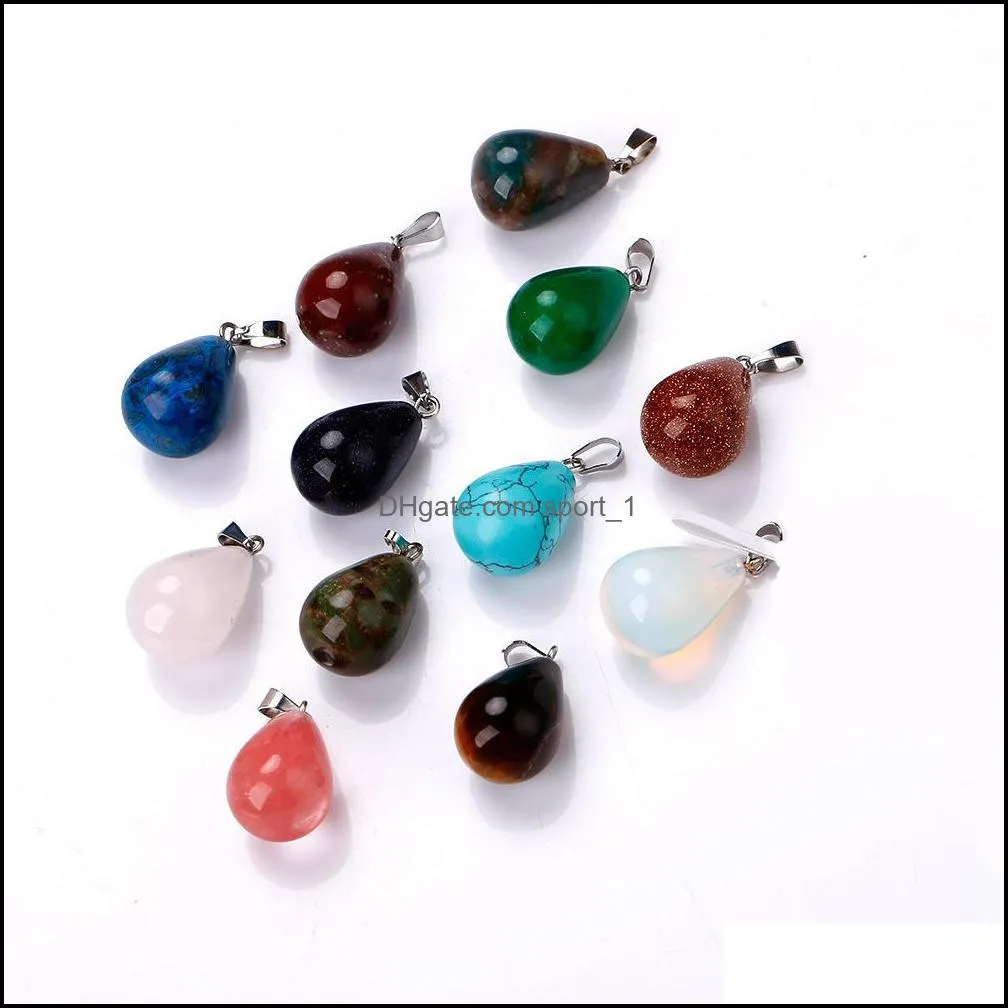 natural stone water drop pendant necklace opal tigers eye pink quartz crystal chakra reiki healing pendulum necklaces for women