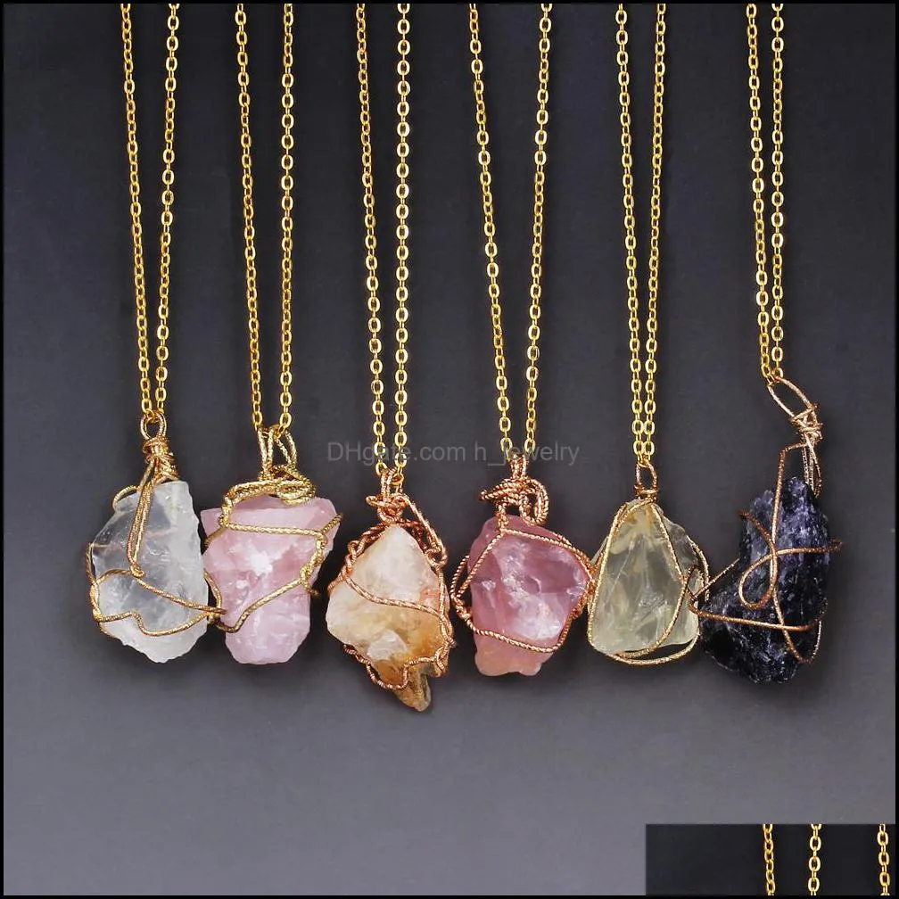 irregular natural stone necklaces gold chain wire wrapped punk necklace women jewelry rose quartz healing crystals pendant hjewelry