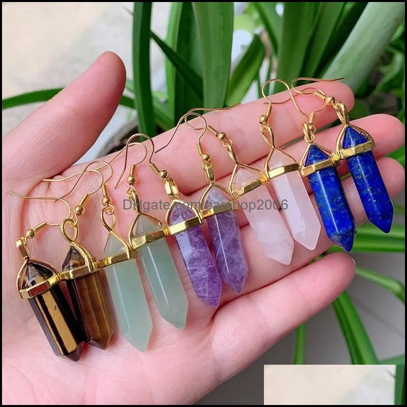 designer hexagon stone pendulum charms earrings rose quartz turquoise lapis lazuli gold plated healing crystal dangle brand jewelry for