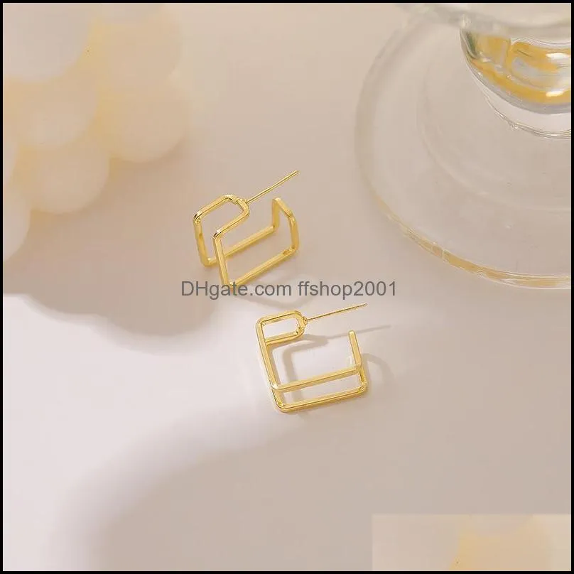 cool wind design gold hollow square frame charms needle stud earrings korean personality geometric small earring for women anniversary