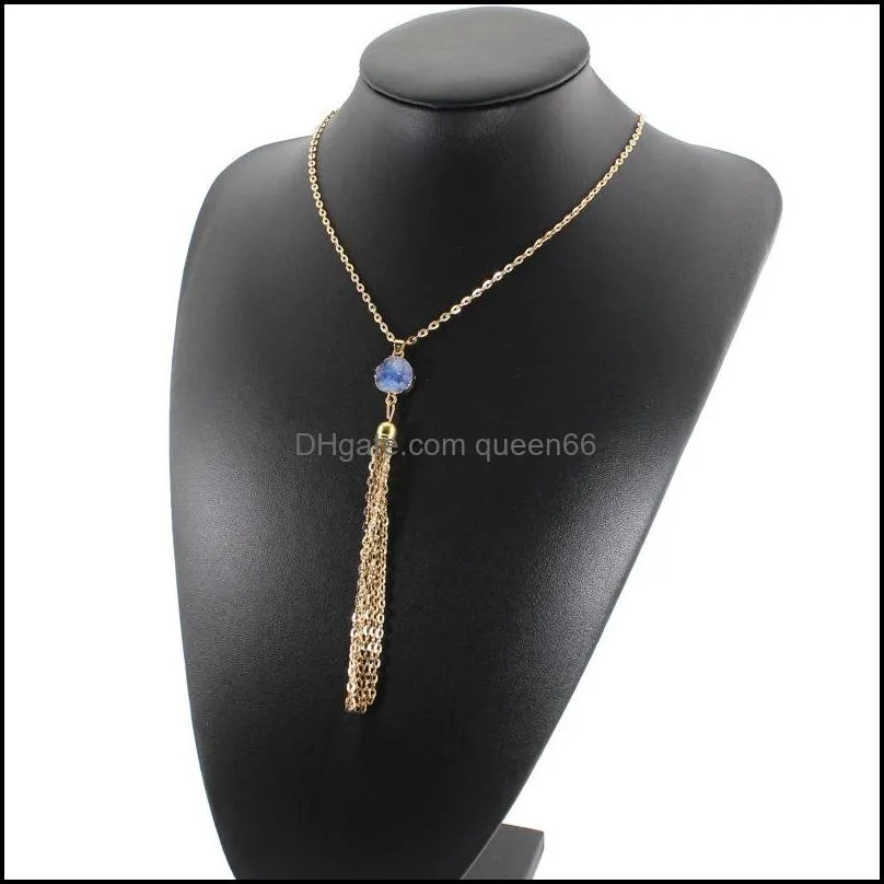fashion resin druzy drusy necklace gold plated irregular faux stone tassel long necklace for women bohemia jewelry