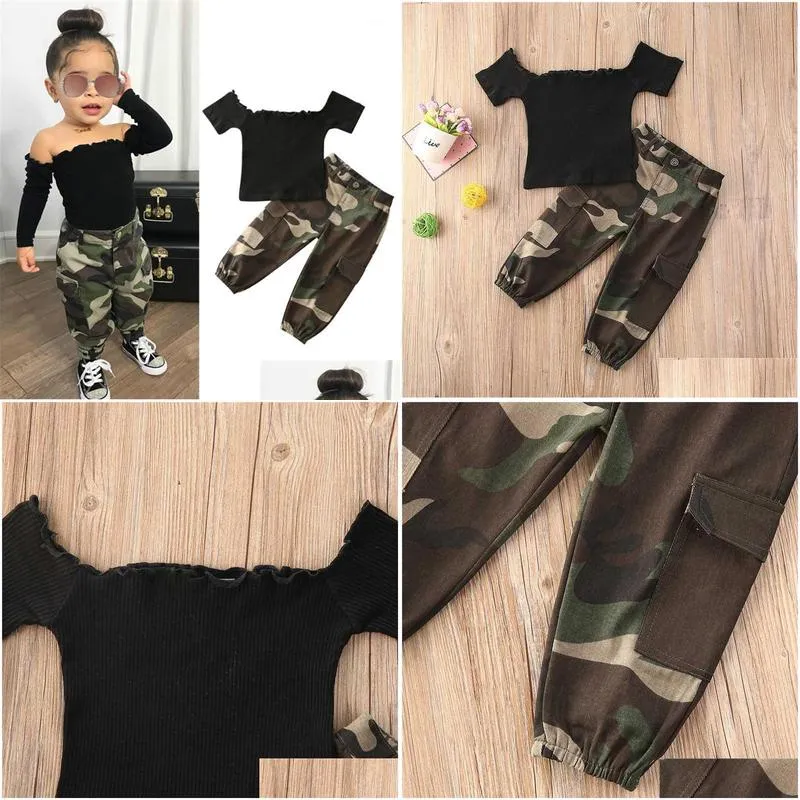 16y fashion kids baby girl clothing girl outfits black short sleeve off shoulder tshirt topsaddcamouflage pants outfit 2pcs1