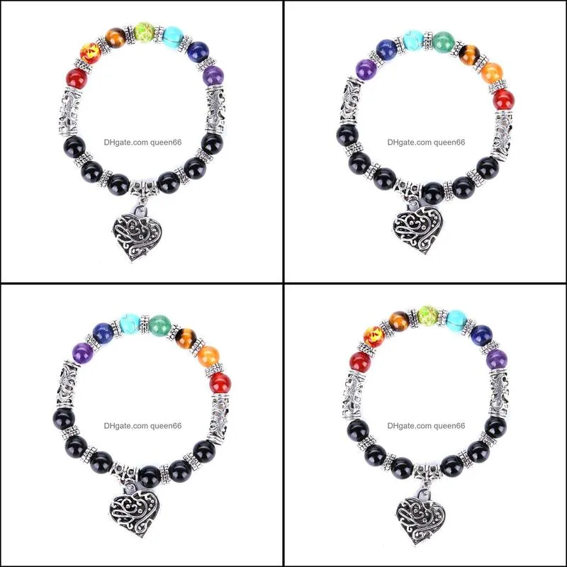 fashion 7 chakra heart bracelet 8mm beads colorful stone reiki buddha prayer natural stone yoga bracelet for women men