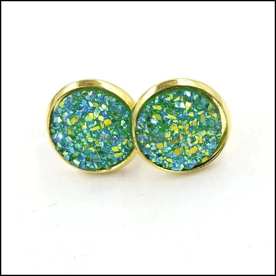 fashion 12colors round 12mm resin druzy drusy earrings gold color handmade stud for women jewelry