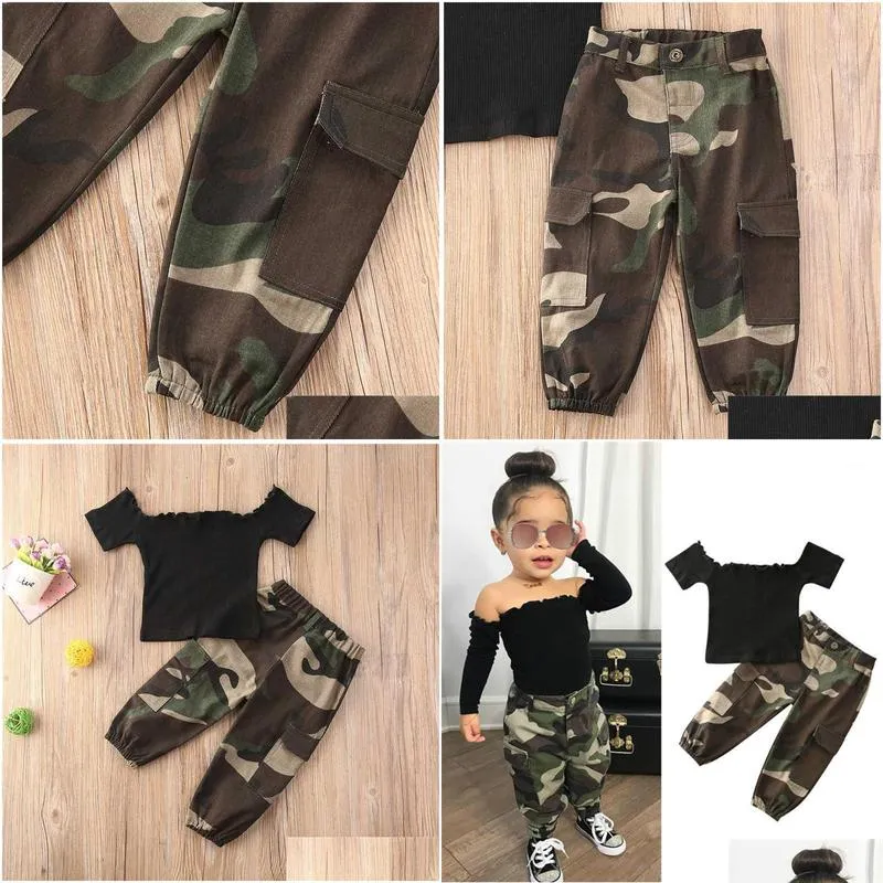 16y fashion kids baby girl clothing girl outfits black short sleeve off shoulder tshirt topsaddcamouflage pants outfit 2pcs1