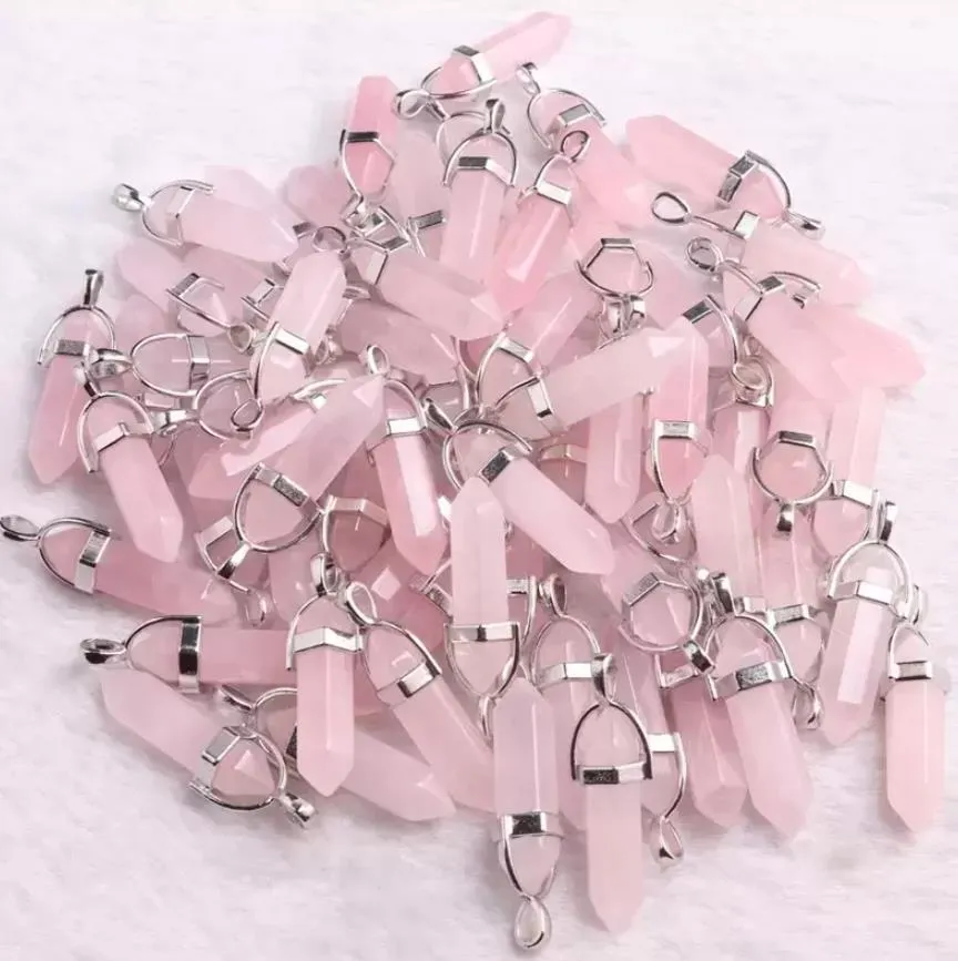 natural stone rose quartz pink crystal charms pendant assorted hexagonal column pendants for earrings necklace jewelry hjewelry