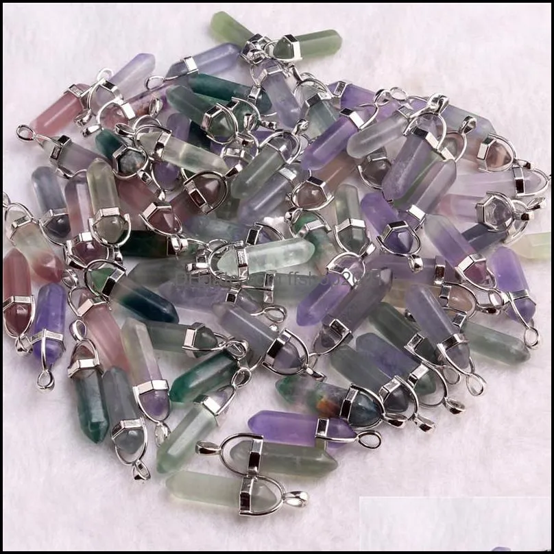 bulk natural stone hexagonal column charms fluorite quartz crystal pendant for necklace jewelry making ffshop2001