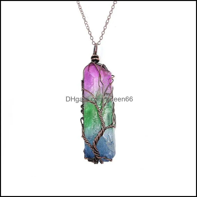 vintage irregular natural stone crystal pendant necklace women men wire wrap tree of life pendants pendulum gems rainbow jewelry