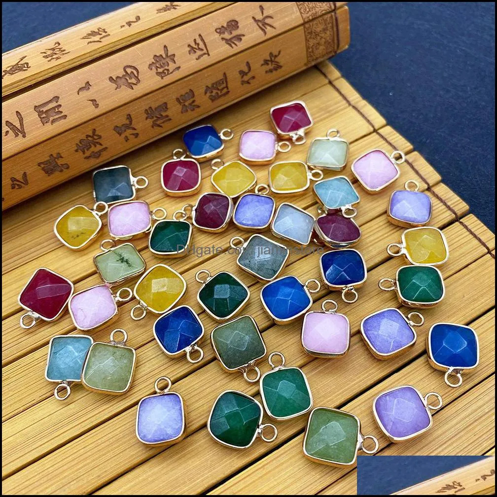 11x15mm gold bunding edge square natural crystal jade stone charms green blue quartz pendants trendy for jewelry making jiaminstore