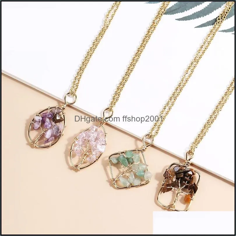 gold natural stone pendants heart shape reiki heal tree of life crystal necklace wire wrap stones rose quartz necklace pendulum chakra