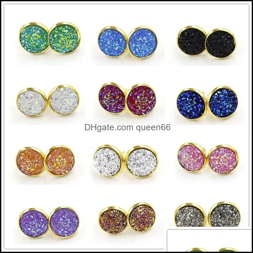 fashion 12colors round 12mm resin druzy drusy earrings gold color handmade stud for women jewelry