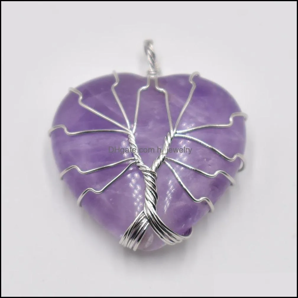 chakra wire wrap handmade tree of life heart shape natural stone charms lapis tiger eye rose quartz pendant for diy jewelry hjewelry