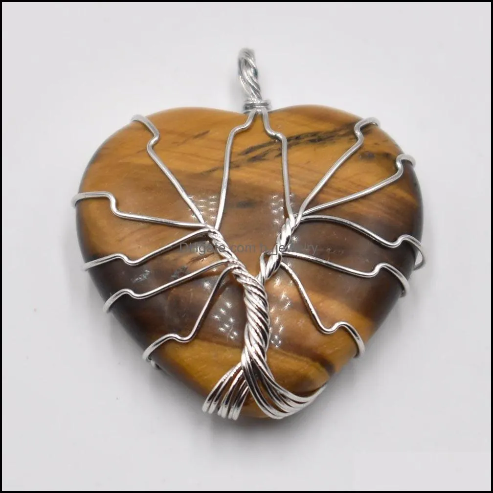 chakra wire wrap handmade tree of life heart shape natural stone charms lapis tiger eye rose quartz pendant for diy jewelry hjewelry