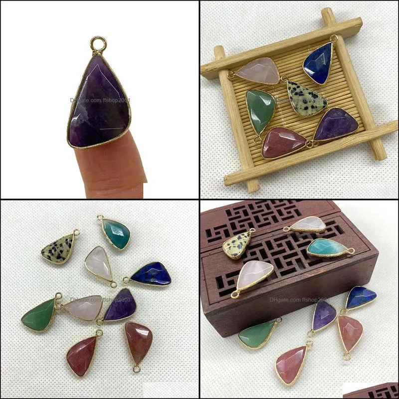 14x27mm triangle natural crystal stone charms green blue rose quartz pendants gold bunding edge trendy for necklace jewelry ffshop2001