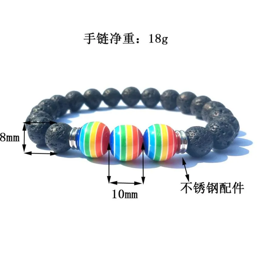 10mm rainbow striped 8mm black lava stone beads elastic bracelet  oil diffuser bracelets volcanic rock beaded hand strings