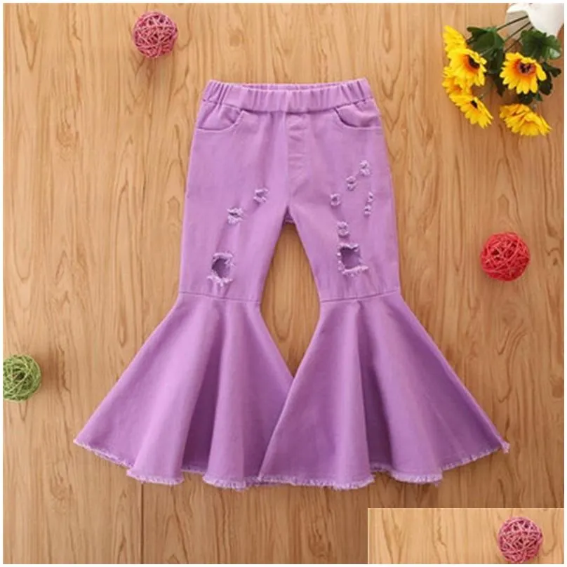 jeans girls autumn childrens pants tide in the small children broken hole bell bottoms multicolor wholesale