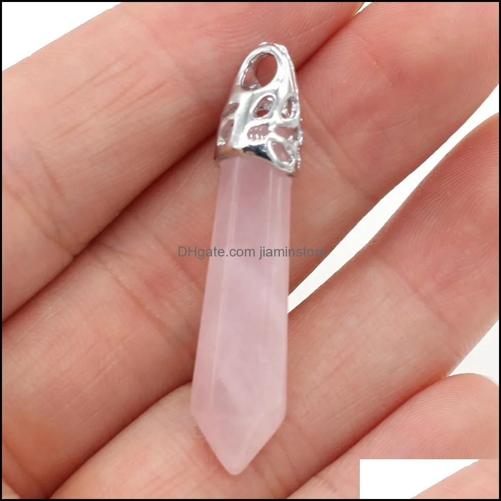 natural stone charms hexagon prism cone pendulum pendant rose quartz healing reiki crystal finding for diy necklaces women jiaminstore