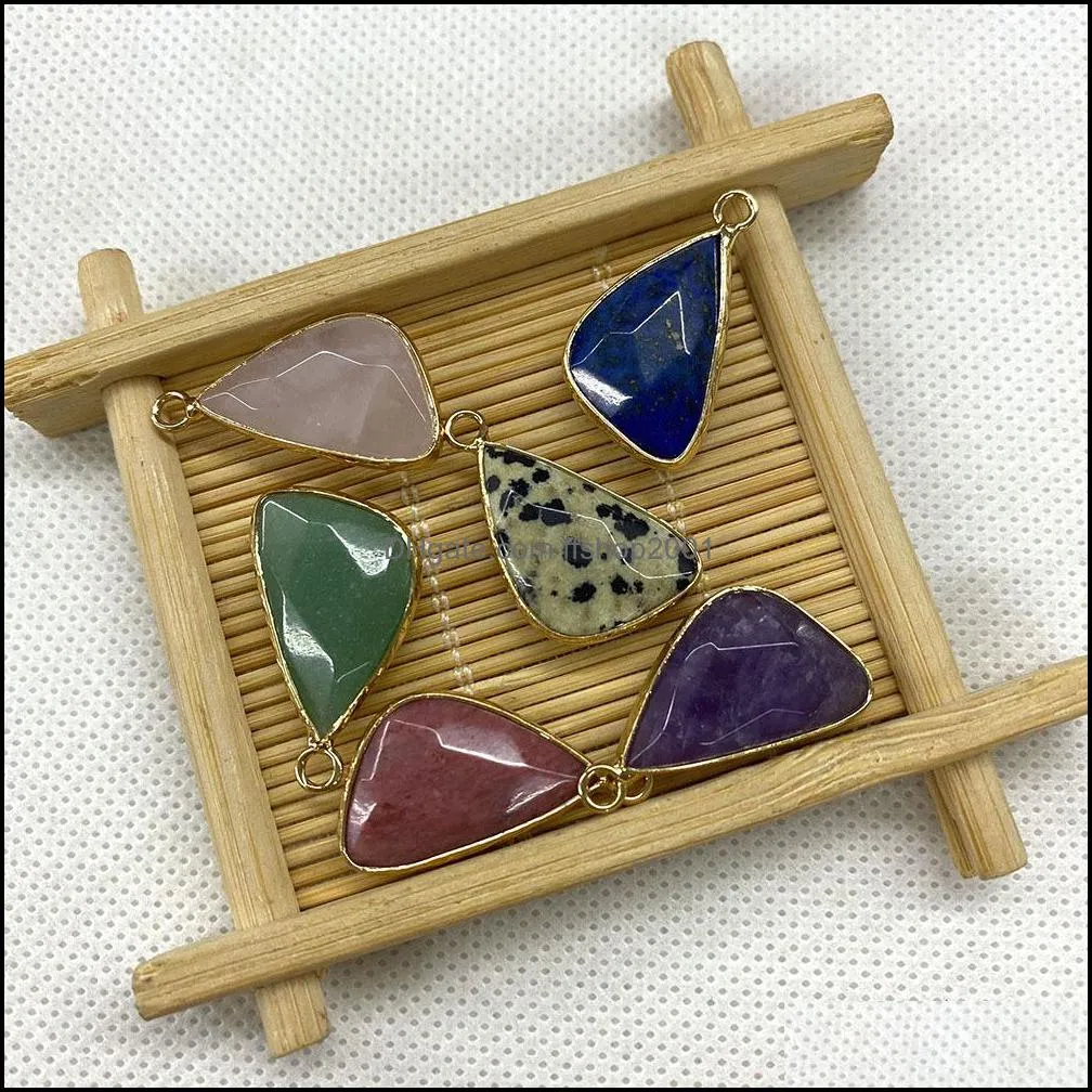 14x27mm triangle natural crystal stone charms green blue rose quartz pendants gold bunding edge trendy for necklace jewelry ffshop2001