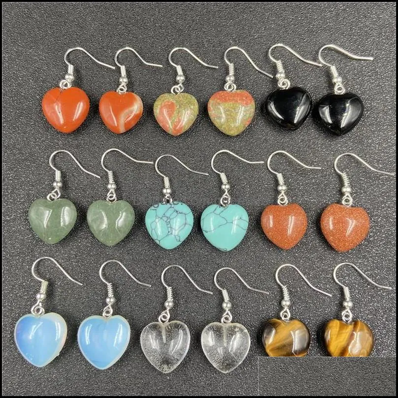 natural stone crystal 15mm heart dangle earrings opal turquoises pink quartz healing reiki chandelier earrings for women