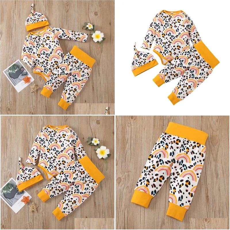 clothing sets baby childrens boys girls fall outfits cute long sleeve leopard rainbow print romper add pants top knot hat 3pcs set