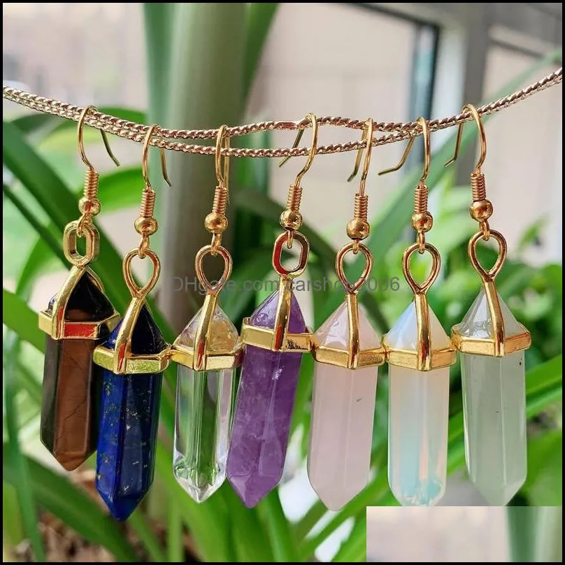 designer hexagon stone pendulum charms earrings rose quartz turquoise lapis lazuli gold plated healing crystal dangle brand jewelry for