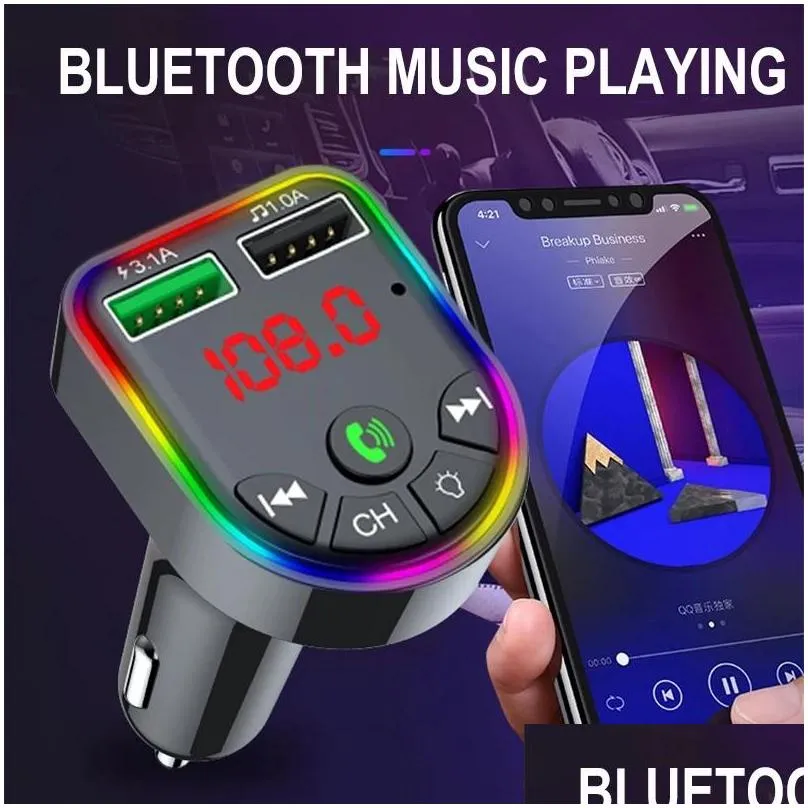 2022 ambient light bluetooth 5.0 fm transmitter bluetooth car kit mp3 player wireless hands audio receiver usb fast charge tf u disk