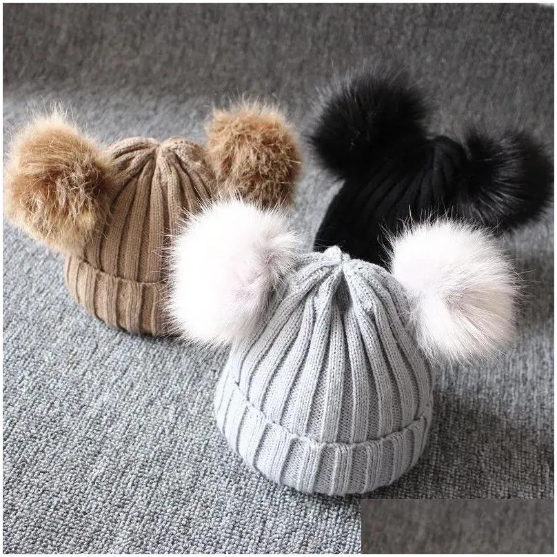 5pcs brand new newborn baby kids girls boys winter warm knit hat furry balls pompom solid warm cute lovely beanie cap gifts