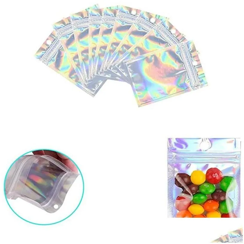 packing bags 100pcs lot resealable plastic retail packaging holographic aluminum foil pouch smell proof bag for food storage drop de