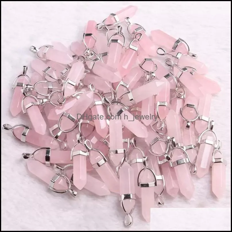 natural stone rose quartz pink crystal charms pendant assorted hexagonal column pendants for earrings necklace jewelry hjewelry