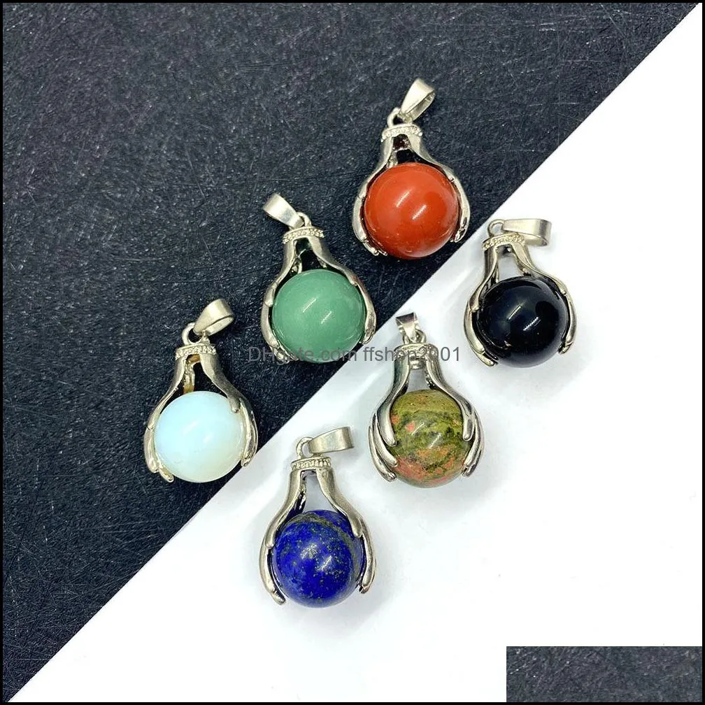 claw hand hold charm natural stone round beads pendants for jewelry making necklace ffshop2001