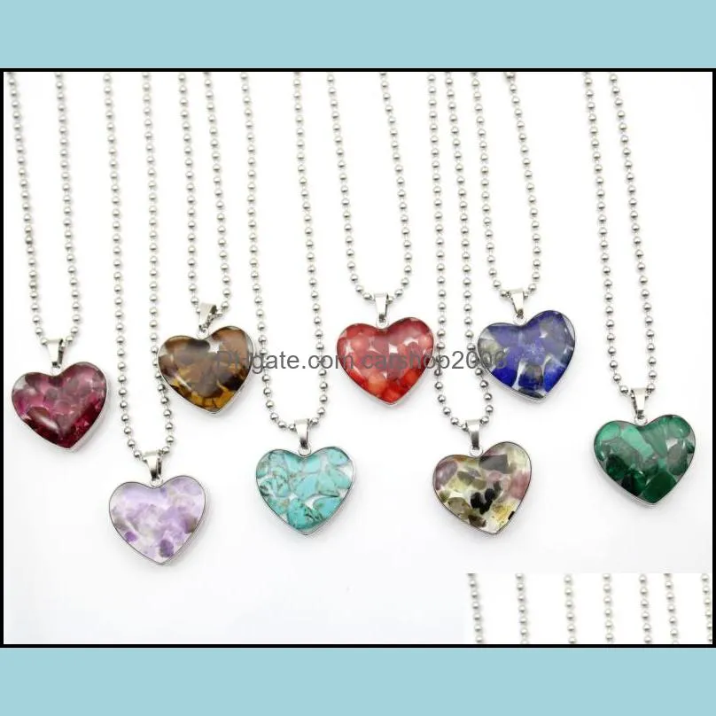 stainless steel chain gravel stone heart glass pendant pink quartz crystal agates turquoises malachite stone necklace