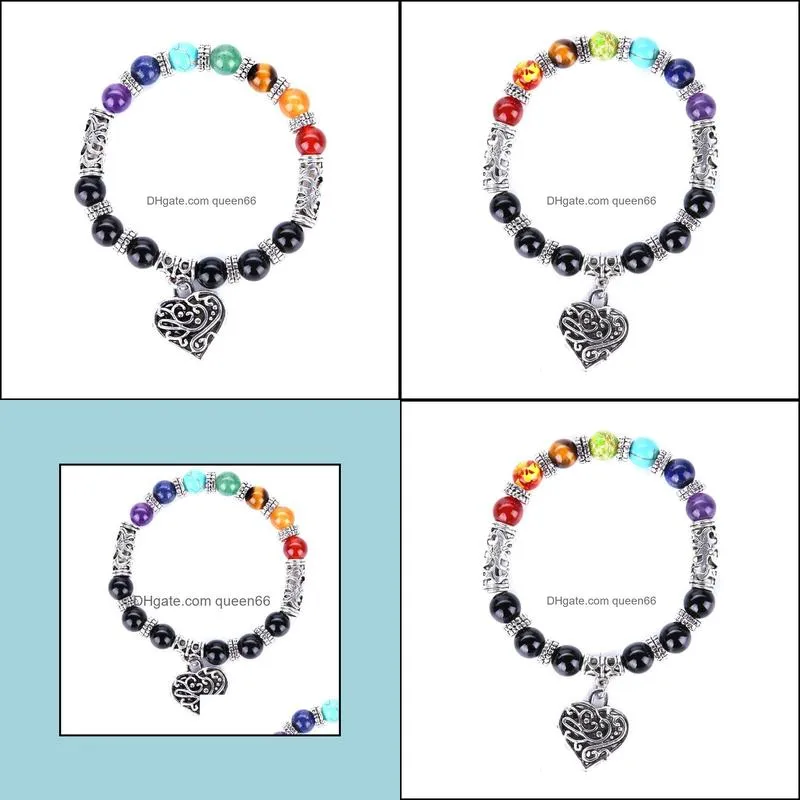 fashion 7 chakra heart bracelet 8mm beads colorful stone reiki buddha prayer natural stone yoga bracelet for women men