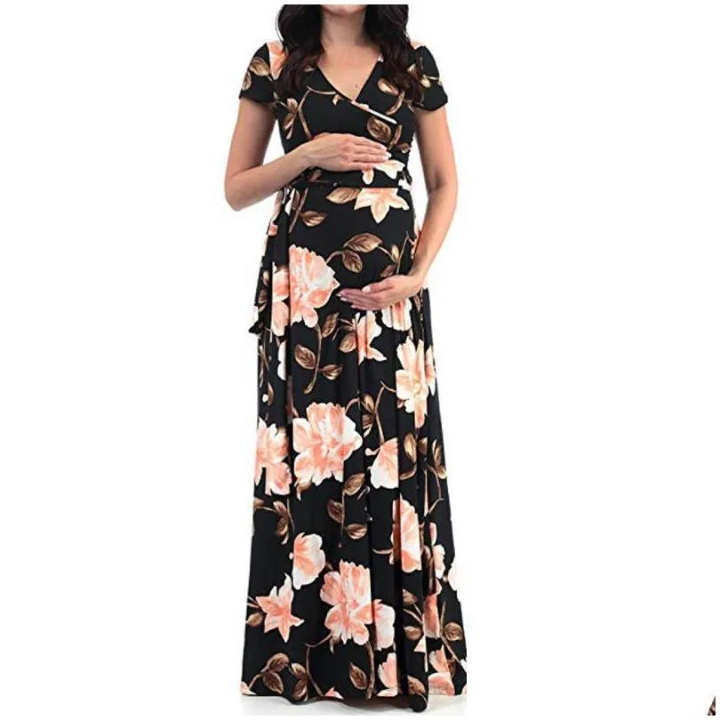 2020 summer new plus size maternity dresses clothes for pregnant women short sleeve v neck pregnancy floral print1