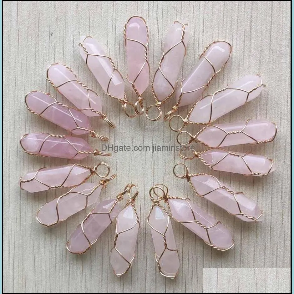 natural stone rose quartz bullet shape charms point chakra pendants for jewelry making wholesale gold wire wrap handmade jiaminstore