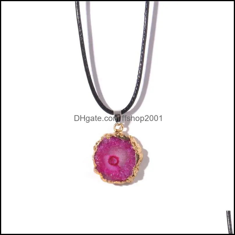 rough stone crystal druzy druze pendant necklace womens summer flower bohemian adjustable leather rope necklace ffshop2001