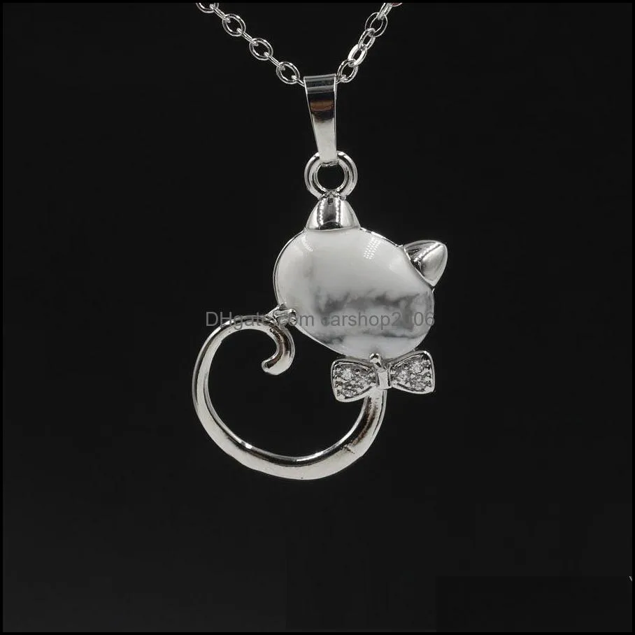  lovely cat round stones turquoise pink quartz charms pendant necklace for women men gift accessories