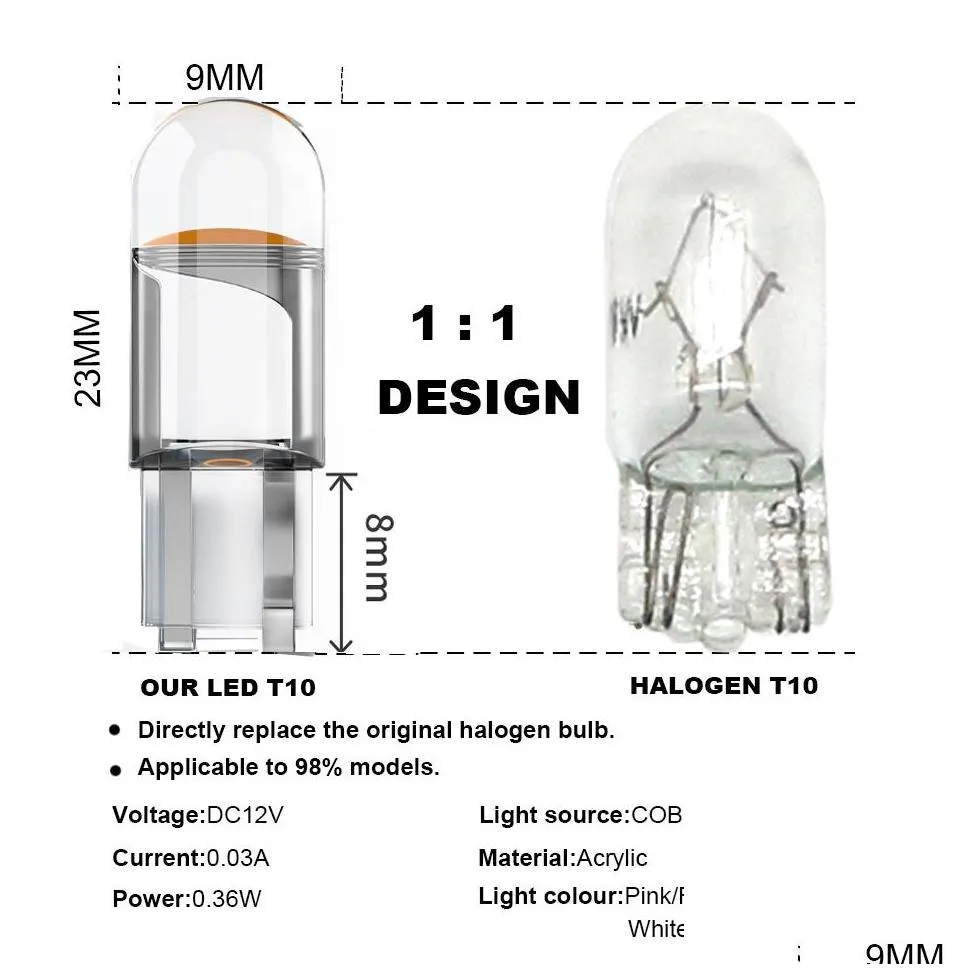 a pack 2021 newest w5w led bulb t10 car light cob glass white auto automobiles license plate lamp dome read drl style 12v