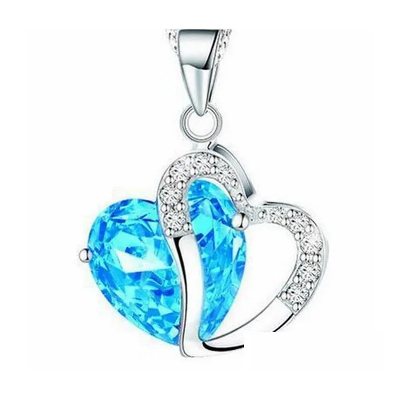 fashion heart crystal rhinestone silver chain pendant necklace jewelry 10 color length 17.7