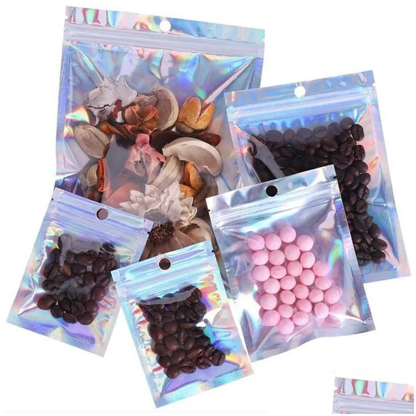 packing bags 100pcs lot resealable plastic retail packaging holographic aluminum foil pouch smell proof bag for food storage drop de